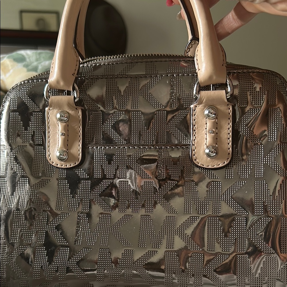 Michael Kors Silver Satchel with Structured Design